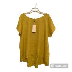 NWT Terzo Millennio 100% Linen Hi-Low Button Back Yellow Blouse Size L